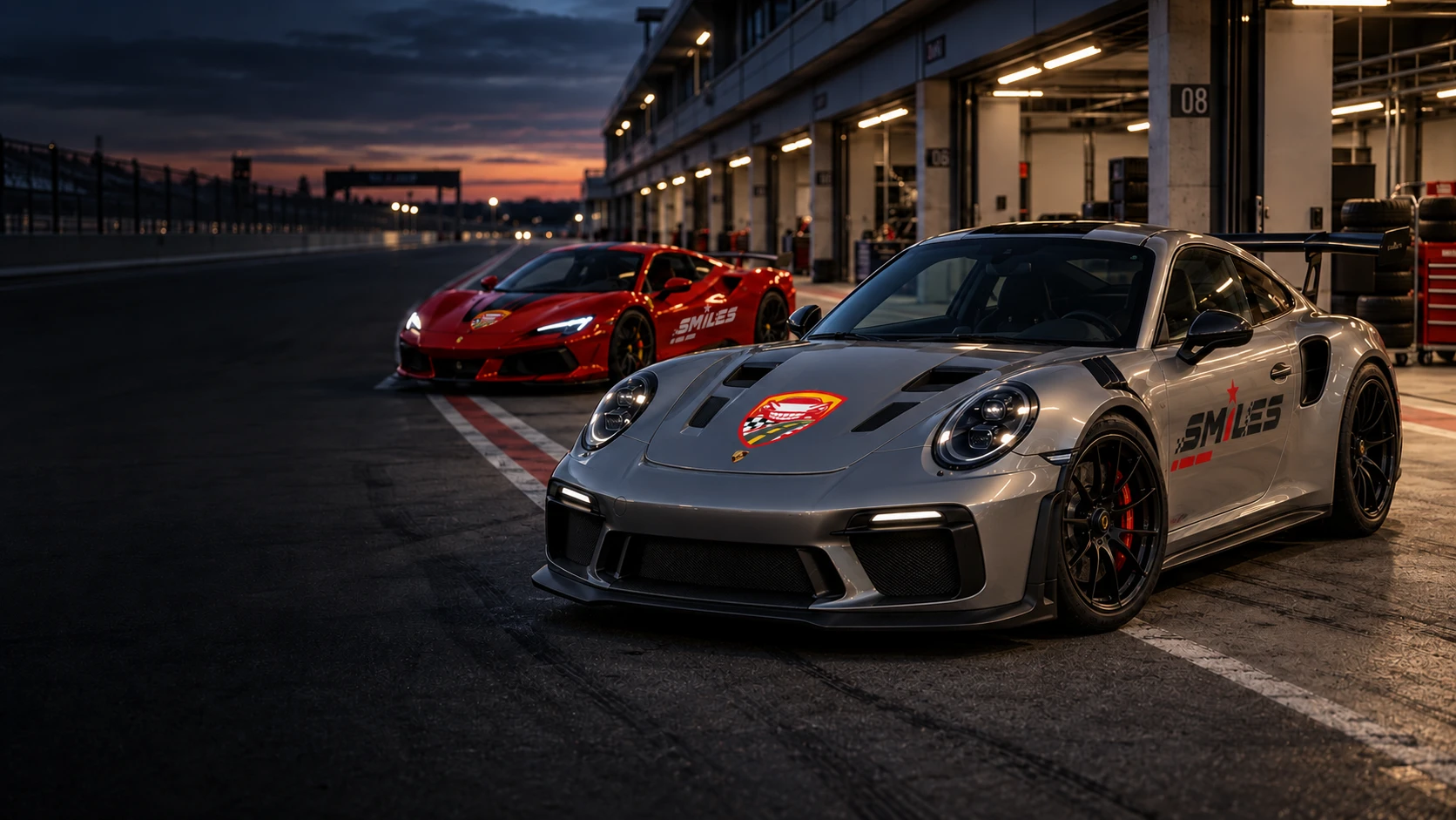 SMILES-branded sports cars in a motorsport pit lane at dusk